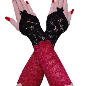 Elegant lace gloves black red evening opera fingerless handmade Size XS - 5XL