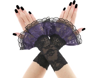 Lace Fingerless Gloves Black Purple Gothic Flounce Handmade Size