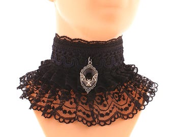 Gothic Black Lace Choker with Bat Pendant, Vampire Ruffled Collar, Victorian Witch Jewelry, Goth Cabochon Necklace, Halloween Costume