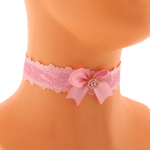 Pink Lace Choker Necklace: Satin Bow, Heart Pendant, Bridal Wedding Romantic Size XS - 5XL