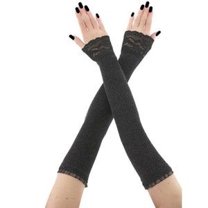 Elegant black silver gloves, gothic lady vampire glamour with a lace gloves, womens romantic victorian elastic blue lurex sleeves burlesque