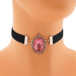 Black Velvet Choker: Victorian Pink Pendant, Gothic Glamour Costume Handmade Size XS - 3XL