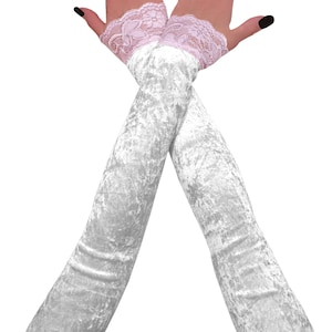 Elegant white velvet gloves, extra long fingerless gloves, pastel lady glamour velvet gloves womens elastic wist lace burlesque