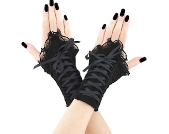 Black Lace Up Corset Gauntlets, Fingerless Wrist Warmers, Gothic Arm Covers
