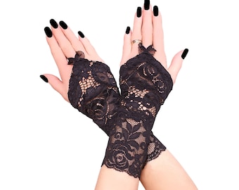 Black Lace Fingerless Gloves, Gothic Victorian Wrist Warmers, Bridal Costume Accessories