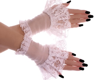 White Tulle Lace Cuffs, Armlets Ruffled Bridal Wedding Bracelets Handmade XS - 3XL