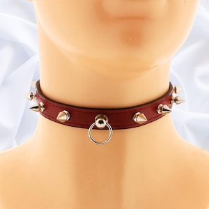Spiked Vegan Leather Choker Red: Gothic Punk O-Ring Collar Handmade Size XS - 5XL