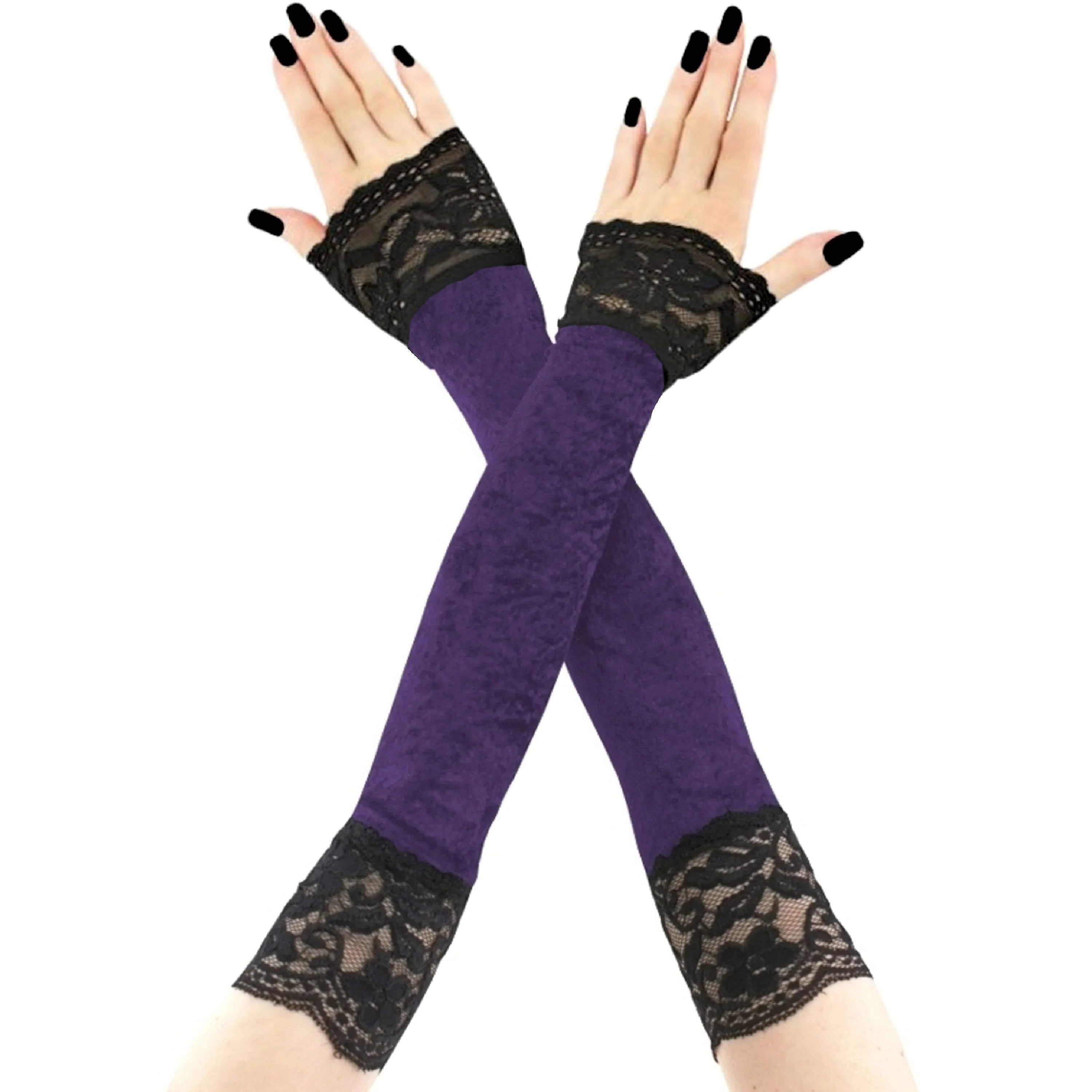 Lila Samt Armstulpen, schwarze Spitze, extra lange Armstulpen XS - 3XL