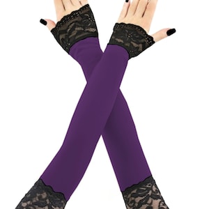 Extra Long Fingerless Gloves Lace Trim, Purple Elastic Arm Warmers XS - 3XL
