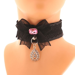 Gothic Black Lace Collar Choker, Ring Pendant Spider Womens Goth Bow Gem Collars, Satin Lace Necklace Dark Victorian Gothic Girls Costume