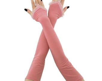 Pink Opera Lace Gloves 20" Bridal Arm Warmers Elegant Fingerless Sleeves