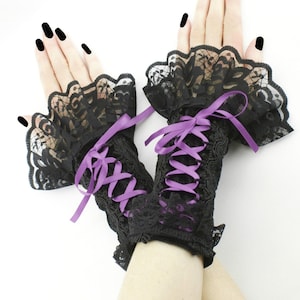 Gothic womens gloves black purple romantic lace ruffled fingerless sleeves vampire costume warmers evening goth lacing corset gloves