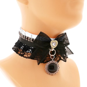 Black White Collar Choker Satin Lace O Ring Bow Sewn Gem Chokers, Lolita Goth Collar Lace Frill Necklace Victorian Romantic Collar Costume