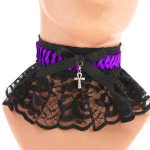 Ras de cou gothique à volants violet et noir, col corset avec pendentif croix fait main, du XS au 3XL