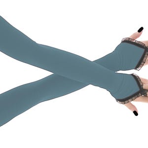 Guantes largos de noche azul marino, mangas ópera sin dedos de encaje negro con lazo para el dedo, calentadores de brazos para vestidos de fiesta formales de graduación y gala. kerosene
