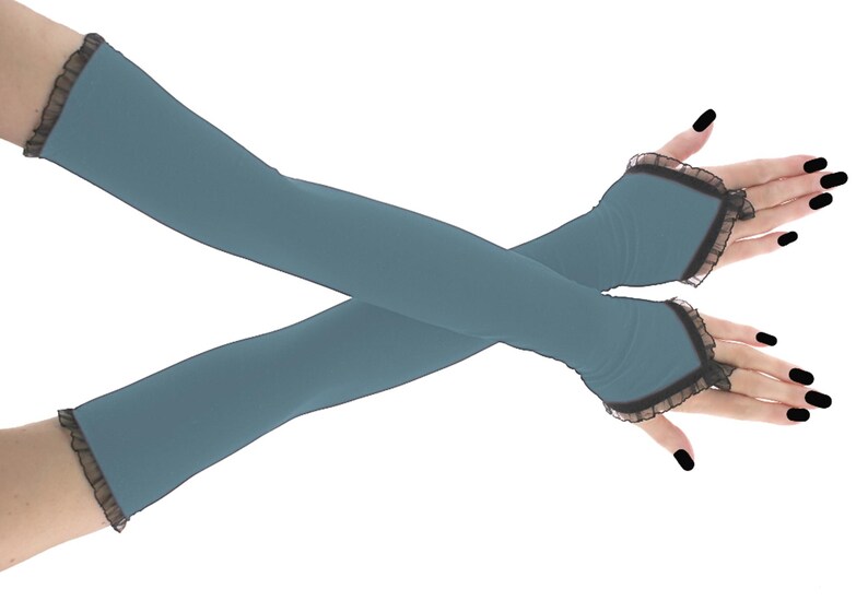 Guantes largos de noche azul marino, mangas ópera sin dedos de encaje negro con lazo para el dedo, calentadores de brazos para vestidos de fiesta formales de graduación y gala. kerosene