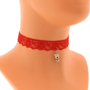 Red Lace Choker Necklace, Glass Bead, Retro Minimalist Jewelry XS - 3XL
