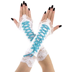 White Fingerless Gloves Bridal Blue Corset Lace Trim Arm Warmers Handmade Size XS - 3XL