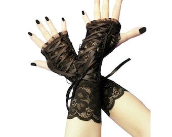 Black Lace Corset Gloves, Elbow Length Arm Warmers, Thumb Hole, Victorian Goth Costume