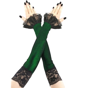 Green Metallic Lace Fingerless Gloves Frill  Gothic Victorian Arm Warmers Handmade Size XS - 3XL