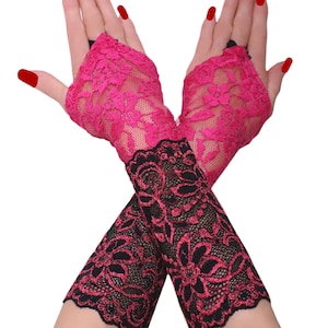 Elegant Lace Gloves Black & Fuchsia Romantic Womens Costume XS - 3XL