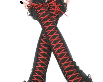 Black Lace Fingerless Gloves, Red Corset Lacing Arm Warmers, Gothic Vampire Sleeves