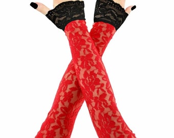Extra Long Red Lace Gloves, Black Trim, Fingerless Opera Evening Accessory