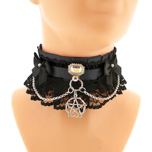 Black Satin Collar Choker gothic, Ring Pendant Pentagram Collars, Womens Goth Chain Collar Satin Lace Necklace Victorian Lady Lolita Costume