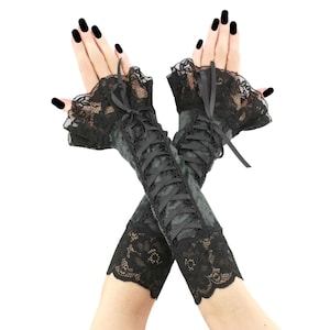 Gothic Grey Velvet Fingerless Gloves Frill lace: Corset Lace Elbow Sleeves Handmade XS - 3XL