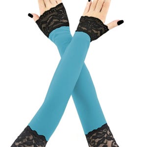 Extra lange schwarz blaue fingerlose Handschuhe aus Spitze, Damen Armstulpen, Abendhandschuhe Oper, über die Ellenbogen formelle Handschuhe Stretch Armabdeckung Kostüm