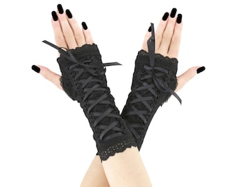 Luvas góticas sem dedos com detalhes em renda preta, estilo corset, com orifício para o polegar, estilo vitoriano, bruxa, steampunk, para cosplay.