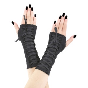 Black gothic fingerless gloves, womens goth mittens thumb holes costume gloves, womens evening gloves lacing corset short warmers emo