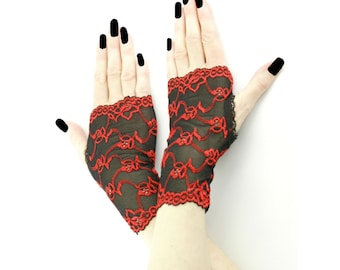 Black Red Lace Fingerless Gloves, Mittens of Lace fabric, Burlesque Gloves, Bride short Gloves, Elegant Women's Gloves, Romantic Gloves