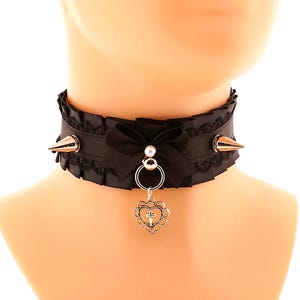 Gothic Black Lace Collar Choker Spikes, O Ring Pendant Heart Cross Womens Goth Bow Pearl Collars, Satin Lace Necklace Dark Victorian Costume