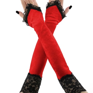 Extra long fingerless gloves, red velvet with lace womens arm warmers, evening opera over elbow formal gloves stretch arm cover costume