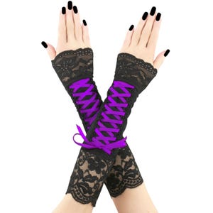 Gothic Fingerless Gloves: Black & Purple Lace-Up Elbow Length Arm Warmers