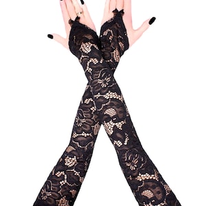 Elegant black lace gloves, gothic lady vampire glamour gloves, womens romantic black victorian elastic lace gloves, burlesque handmade gift