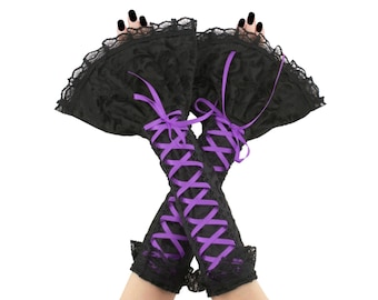 Guanti senza dita gotici neri con texture 3D, scaldabraccia a corsetto con grandi volant, maniche in pizzo trasparente lunghe fino al gomito, taglie forti XS-3XL, regalo gotico