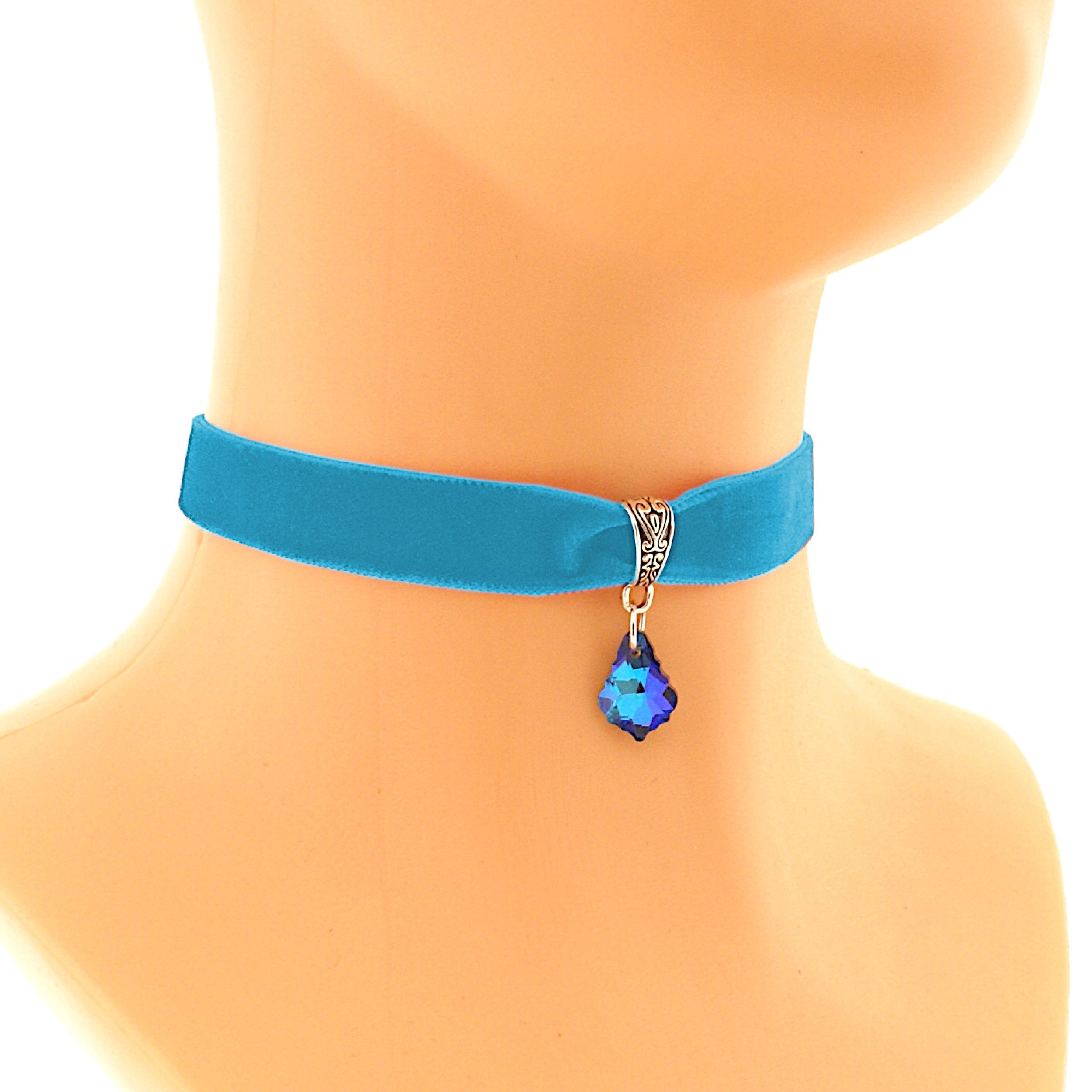 Blue Velvet Choker Glass Tear Drop Pendant, Evening Romantic