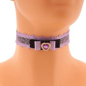 Lace Satin Choker: Purple Black Bow, Rhinestone Heart - Romantic Jewelry Handmade Size XS - 5XL