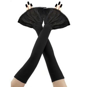 Elegant extra long black gloves gothic vampire glamour with frill sleeves womens romantic victorian elastic wist lace glove burlesque