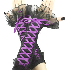 Gothic womens gloves black purple romantic fingerless elbow length sleeves vampire costume warmers  evening gloves, goth lacing corset glove