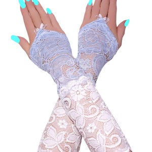 Two-Tone White Baby Blue Lace Elbow Gloves, Romantic Bridal Accessory XS - 3XL
