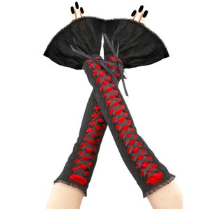Black Lace Ruffled Fingerless Gloves Luxury Gothic Victorian Arm Warmers Handmade Size XS - 3XL