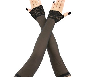 Eleganti guanti di tule neri, glamour da vampiro gotico con guanti con volant di pizzo, guanti da donna romantici vittoriani in pizzo elasticizzato burlesque