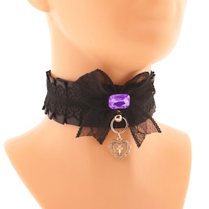 Gothic Black Lace Collar Choker, Ring Pendant Heart Womens Goth Bow Gem Collars, Satin Lace Necklace Dark Victorian Gothic Girls Costume