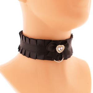 Gothic Satin Choker: Black Collar with Heart Gem & D Ring Handmade Size XS - 5XL