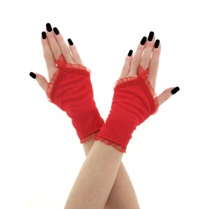 Red Lace Fingerless Gloves Little Romantic Wrist Warmers Handmade Size XS - 3XL