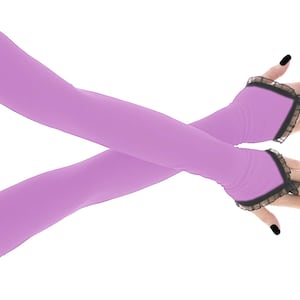 Guantes largos de noche azul marino, mangas ópera sin dedos de encaje negro con lazo para el dedo, calentadores de brazos para vestidos de fiesta formales de graduación y gala. Morado