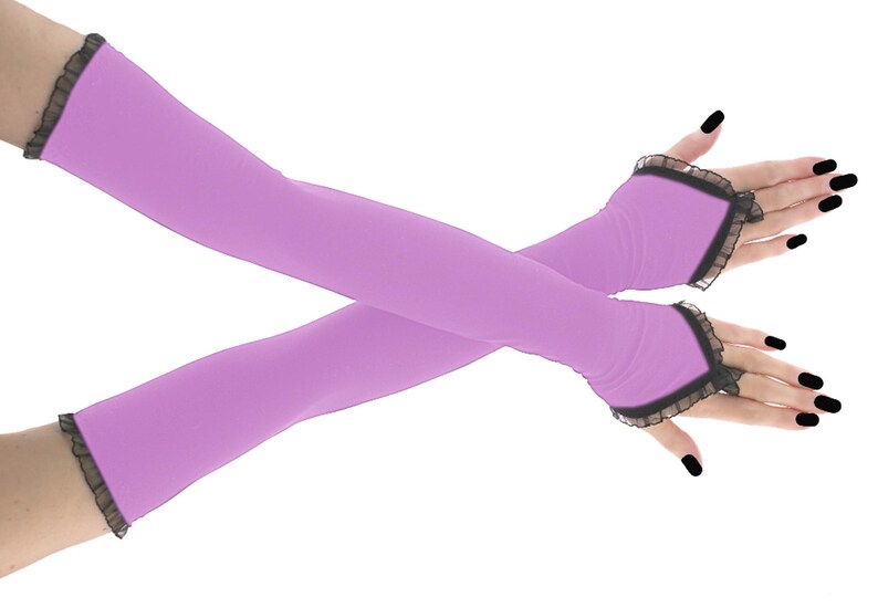 Guantes largos de noche azul marino, mangas ópera sin dedos de encaje negro con lazo para el dedo, calentadores de brazos para vestidos de fiesta formales de graduación y gala. Morado